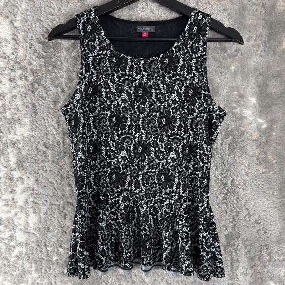Vince Camuto Size XS Dark Floral Lace Peplum Top Black Sleeveless Pullover Lined - Picture 1 of 6
